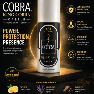 St. John Cobra King Cobra Castle deodorant spray bottle with black and white design placed on a table