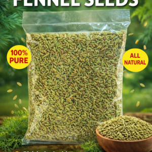 Premium quality fennel seeds (saunf) packed in a transparent pouch, fresh green aromatic seeds placed on table with pen for size reference