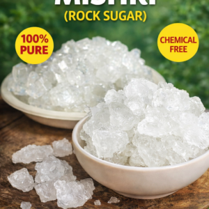 Natural mishri (rock sugar) crystals, white translucent sugar chunks placed in a bowl and tray, pure and unprocessed sweetener