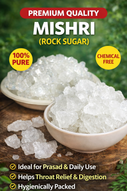 Natural mishri (rock sugar) crystals, white translucent sugar chunks placed in a bowl and tray, pure and unprocessed sweetener