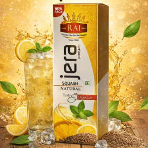Raj Jeera Premium Squash bottle with cumin flavor drink concentrate for refreshing digestive beverage with lemon and mint
