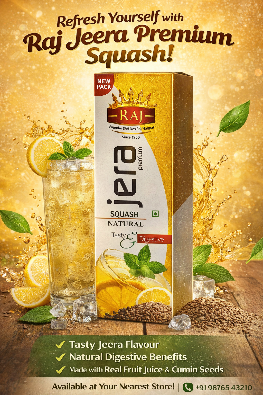 Raj Jeera Premium Squash bottle with cumin flavor drink concentrate for refreshing digestive beverage with lemon and mint