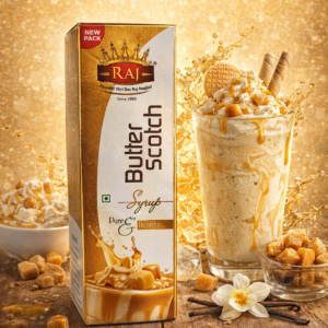 Raj Butterscotch Syrup bottle for milkshake, ice cream and dessert topping with rich creamy butterscotch flavor