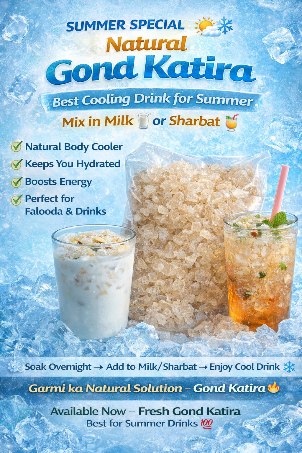 Gond Katira edible gum crystals for summer drink soaked in water used in milk and sharbat for cooling effect