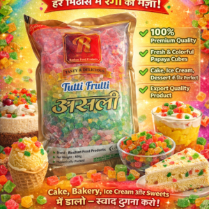 Colorful Tutti Frutti (Papaya Cubes) by Roshan Food Products in premium packaging, perfect for cake, ice cream and dessert decoration