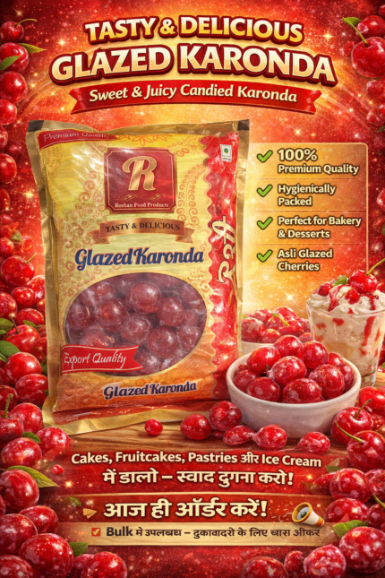 Glazed Karonda (candied karonda cherries) by Roshan Food Products in premium packaging, ideal for cakes, bakery items, and desserts