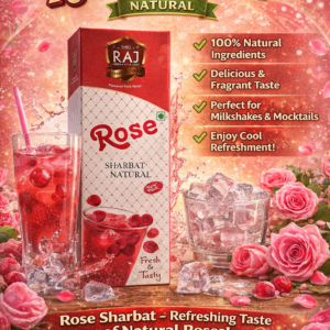 Shri Raj Rose Sharbat Natural syrup in premium packaging, refreshing rose drink concentrate ideal for summer beverages, milkshakes, and desserts