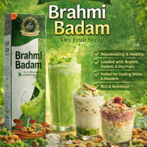 Shri Raj Brahmi Badam dry fruit syrup in premium packaging, healthy summer drink concentrate with almonds, brahmi, and dry fruits