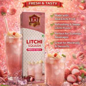 Shri Raj Litchi Squash bottle packaging with fresh litchi drink, premium fruit squash for refreshing summer beverage