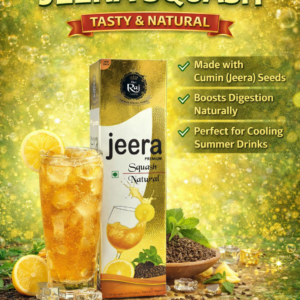 Shri Raj Jeera Squash bottle packaging with cumin flavored drink, refreshing digestive summer beverage syrup