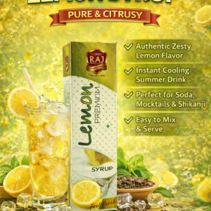 Shri Raj Lemon Syrup bottle packaging with fresh lemon drink, refreshing citrus flavored summer beverage syrup