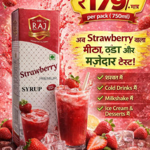 Shri Raj Strawberry Premium Syrup bottle with fresh strawberry drink splash on packaging placed on table background