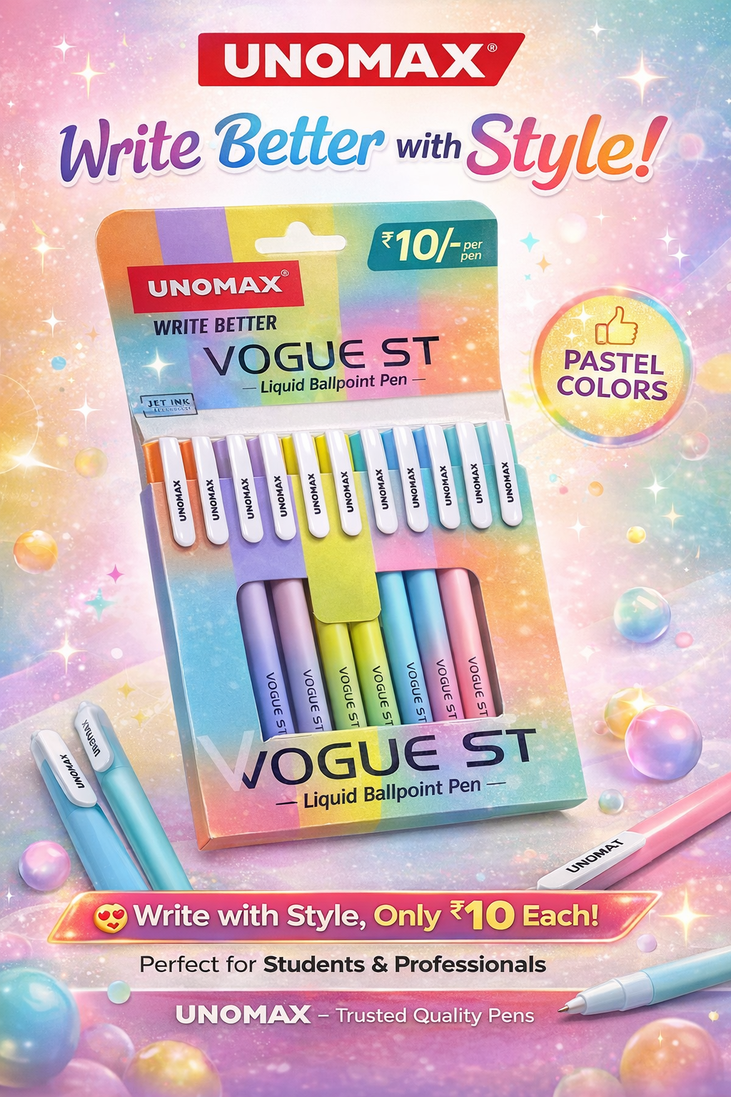 UNOMAX Vogue ST liquid ballpoint pen set with pastel colors, smooth writing jet ink pens priced at ₹10 per piece