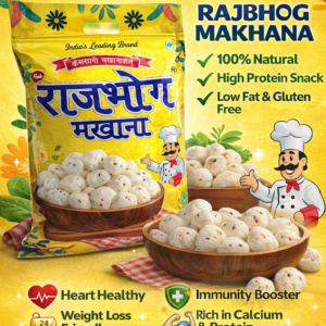 “Rajbhog Makhana healthy snack pack 250g yellow packaging natural fox nuts high protein low fat snack India”