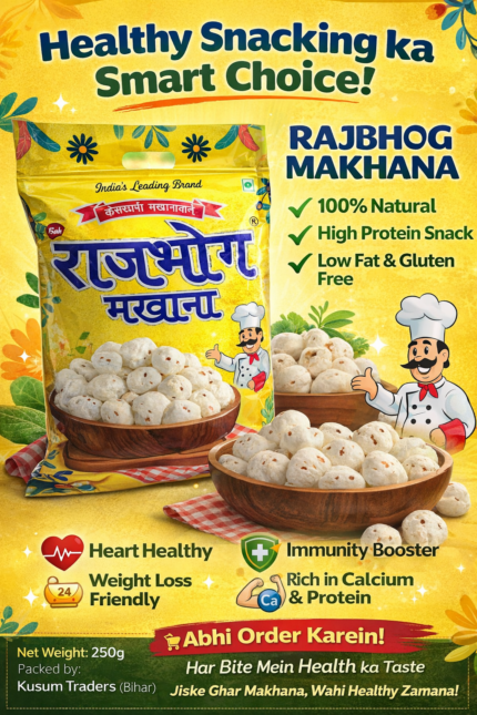 “Rajbhog Makhana healthy snack pack 250g yellow packaging natural fox nuts high protein low fat snack India”