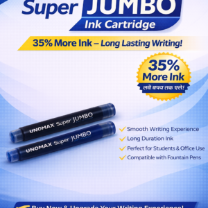 UNOMAX Super JUMBO fountain ink cartridge box showing 35% more ink, suitable for fountain pens, placed on desk