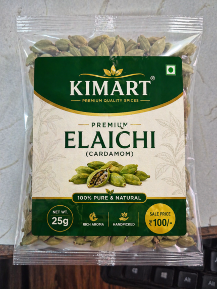 Premium green cardamom (elaichi) in a transparent pouch, 25g pack by KIMART, fresh and natural whole