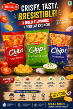 Bikaji Chips assorted flavors pack including Tangy Tomato, Sour Cream & Onion, and Masala Masti potato chips in 60g packs with ₹20 MRP, showing front and back packaging details.