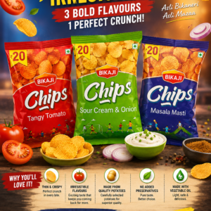 Bikaji Chips assorted flavors pack including Tangy Tomato, Sour Cream & Onion, and Masala Masti potato chips in 60g packs with ₹20 MRP, showing front and back packaging details.