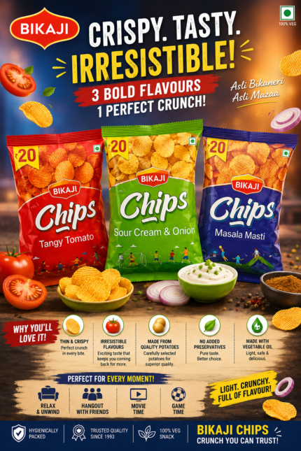 Bikaji Chips assorted flavors pack including Tangy Tomato, Sour Cream & Onion, and Masala Masti potato chips in 60g packs with ₹20 MRP, showing front and back packaging details.