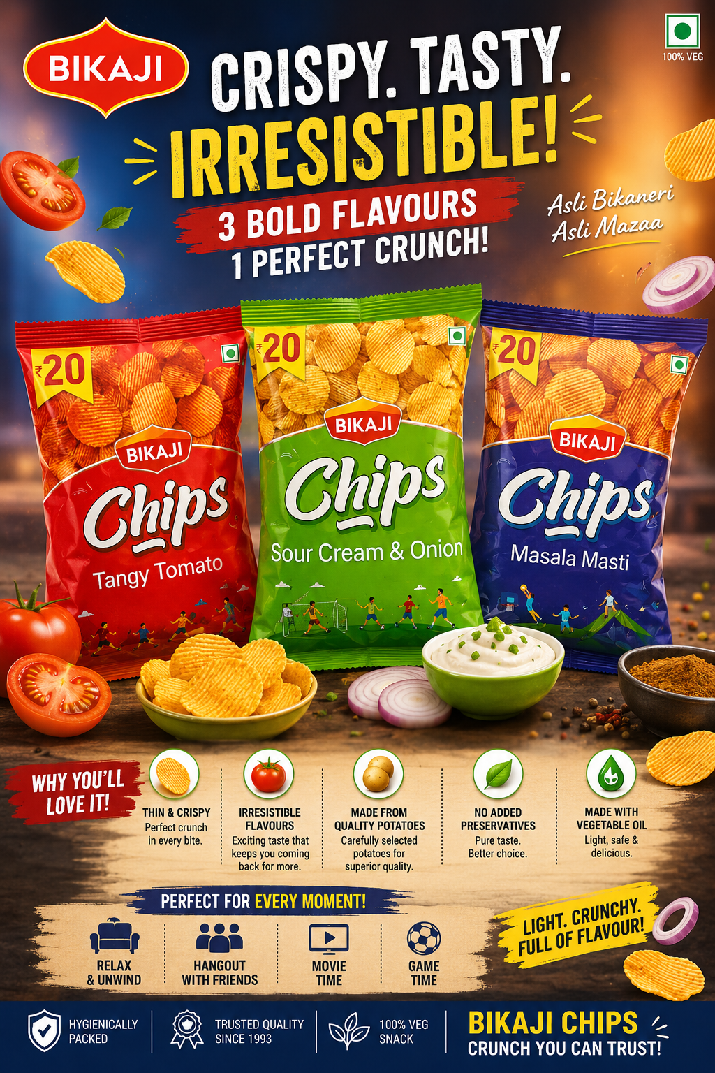 Bikaji Chips assorted flavors pack including Tangy Tomato, Sour Cream & Onion, and Masala Masti potato chips in 60g packs with ₹20 MRP, showing front and back packaging details.