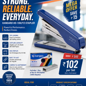 Kangaro HS-10H/Y2 stapler combo pack with No.10-1M staples in blue packaging, featuring a mega offer price of ₹102 per set.