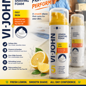 Vi-John Lemon Shaving Foam for oily skin in a 200ml aerosol can with Vitamin-E and Tea Tree Oil, placed on a desk in an office setting.