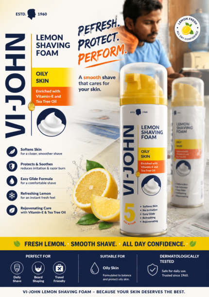 Vi-John Lemon Shaving Foam for oily skin in a 200ml aerosol can with Vitamin-E and Tea Tree Oil, placed on a desk in an office setting.
