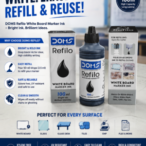 DOMS Refilo White Board Marker Ink bottle and packaging box, 100ml black ink refill for whiteboard markers, displayed on a desk.