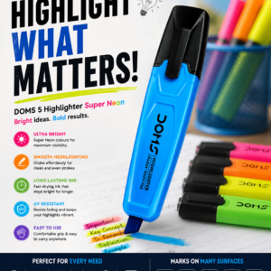 Blue DOMS Super Neon Highlighter pen and 5-piece highlighter pack with vibrant neon colors, designed for smooth highlighting and study use.