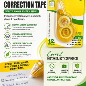 Carry On Correction Tape with yellow and green packaging, featuring smooth rolling correction technology for clean and accurate writing corrections.