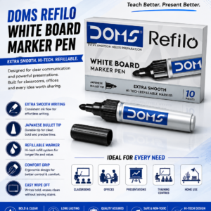 DOMS Refilo white board marker pen pack displayed on a desk, featuring extra smooth hi-tech refillable markers with Japanese bullet tip and 10-piece packaging.