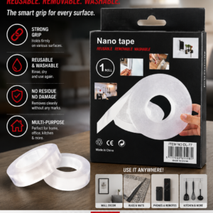 Black Nano Tape box with reusable, removable, and washable double-sided transparent tape for wall mounting and multi-purpose home use.