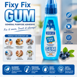 Blue DOMS Fixy Fix Gum bottle placed on a desk, featuring blueberry fragrance and general-purpose adhesive packaging.