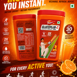 Orange-colored Glucoplus-C instant energy drink container with red lid, orange flavour branding, and nutrition details shown on front and back packaging.
