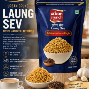Blue packaging of Urban Crunch Namkeen Laung Sev with a bowl of crispy sev displayed on the front and resealable zipper pouch design.
