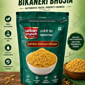 Green packaging of Urban Crunch Namkeen Ujjaini Sev with a bowl of crispy sev displayed on the front in a resealable pouch.