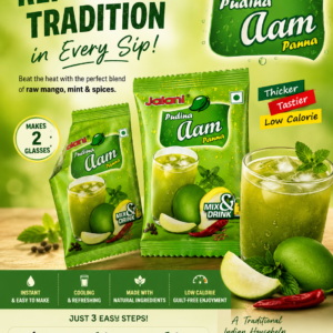 Jalani Pudina Aam Panna instant drink mix pouch in bright green packaging featuring raw mango, mint leaves, spices, and a refreshing chilled drink image. The pack highlights “Thicker, Tastier, Low Calorie” with mix & drink instructions on the back.
