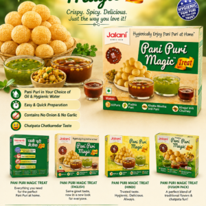 Jalani Pani Puri Magic Treat box featuring crispy pani puri shells with pudina pani, khatta meetha imli pani, and khajur imli chutney. The packaging highlights hygienic preparation, quick serving, and chatpata taste.