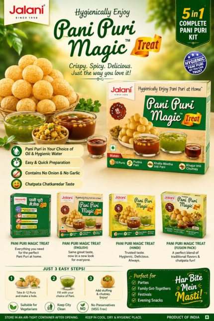 Jalani Pani Puri Magic Treat box featuring crispy pani puri shells with pudina pani, khatta meetha imli pani, and khajur imli chutney. The packaging highlights hygienic preparation, quick serving, and chatpata taste.