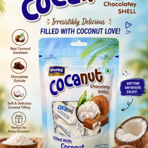 Front view of Derby Premia Cocanut Chocolaty Shell candies in a resealable pouch, featuring coconut-filled chocolate treats with coconut imagery and a transparent window showing individually wrapped candies inside.