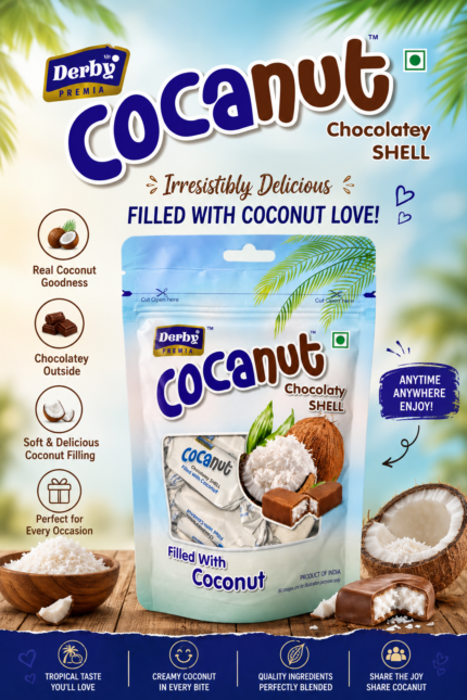 Front view of Derby Premia Cocanut Chocolaty Shell candies in a resealable pouch, featuring coconut-filled chocolate treats with coconut imagery and a transparent window showing individually wrapped candies inside.