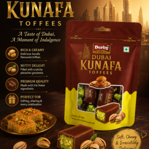 Front view of Derby Premia Dubai Kunafa Toffees in a premium resealable pouch, featuring chocolate-coated pistachio-filled toffees inspired by the traditional Middle Eastern kunafa dessert. The package displays individually wrapped candies and pistachio imagery.