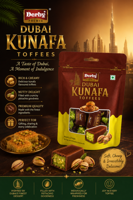 Front view of Derby Premia Dubai Kunafa Toffees in a premium resealable pouch, featuring chocolate-coated pistachio-filled toffees inspired by the traditional Middle Eastern kunafa dessert. The package displays individually wrapped candies and pistachio imagery.