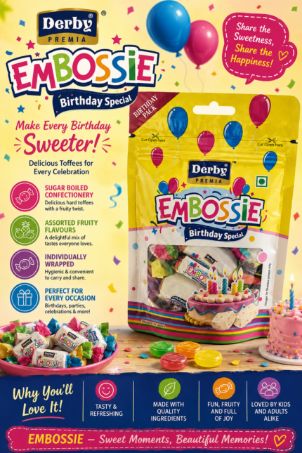 Colorful Derby Premia Embossie Birthday Special candy pouch featuring assorted individually wrapped fruity toffees, birthday-themed graphics, balloons, confetti, and a festive cake illustration on bright yellow packaging.