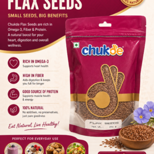 Chukde Flax Seeds 200g in a resealable maroon pouch with transparent window showing whole flax seeds. Rich source of Omega-3, fiber, and plant-based nutrition.