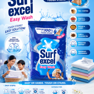 Surf Excel Easy Wash detergent powder ka 1 kg pack, neele aur safed rang ki packaging mein, table par rakha hua dikh raha hai. Pack ke front aur back side par product details, stain removal claims aur usage instructions nazar aa rahe hain.
