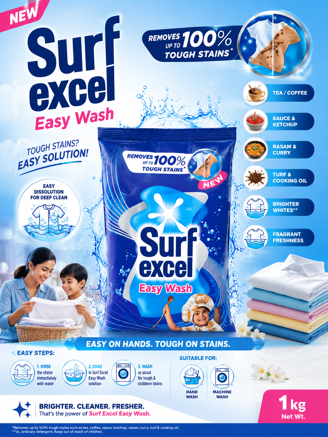 Surf Excel Easy Wash detergent powder ka 1 kg pack, neele aur safed rang ki packaging mein, table par rakha hua dikh raha hai. Pack ke front aur back side par product details, stain removal claims aur usage instructions nazar aa rahe hain.