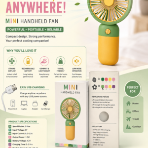 Mini Handheld Fan product box showing a green and yellow portable rechargeable fan on the front packaging.