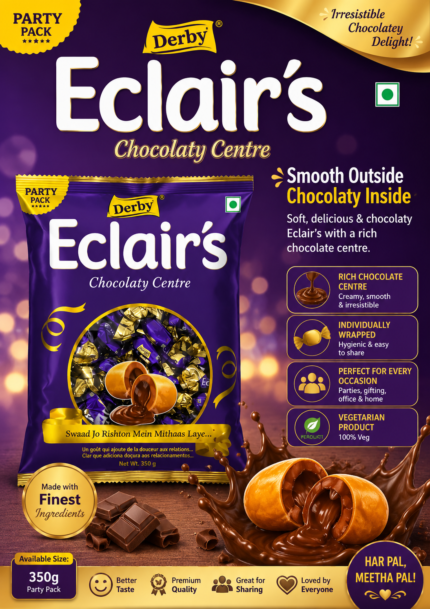 Derby Eclairs Chocolaty Centre Candy Party Pack, 350g pack with approximately 100 individually wrapped chocolate-filled candies.